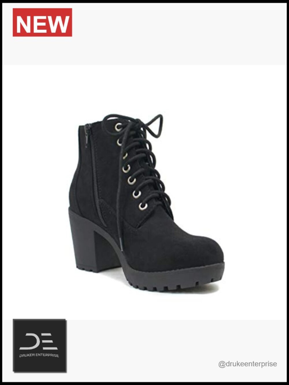 Lug Sole Chunky Heel Combat Ankle Bootie Lace Up Side Zipper - Picture 3 of 6